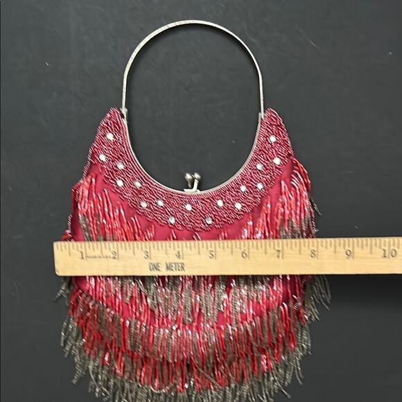 Red and Silver Fringe Handbag With Rhinestones, Metal Handle and Kiss Clasp - Picture 11 of 11